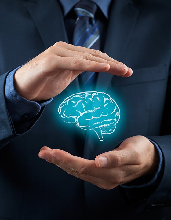 about us A businessman protecting a brain which depicts protecting your ideas